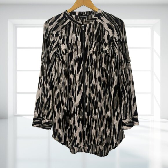 Rock & Republic Edgy Rocker Zipper Tunic Shirt M Black White Abstract Print High - Picture 2 of 13